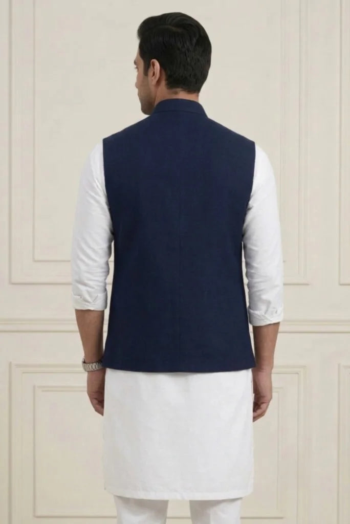 Men’s Navy Blue Sleeveless Hunter Jacket With Stand Collar – Back