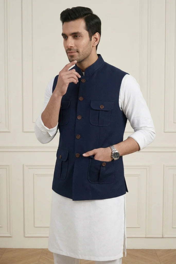 Navy Blue Ethnic Hunter Jacket For Men – Different