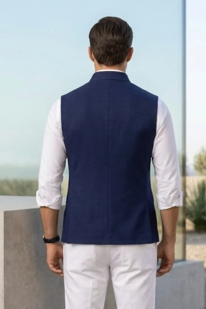 Men navy blue Nehru jacket tailored fit back