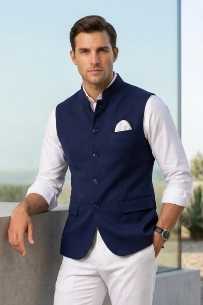 Navy blue tailored sleeveless waistcoat front