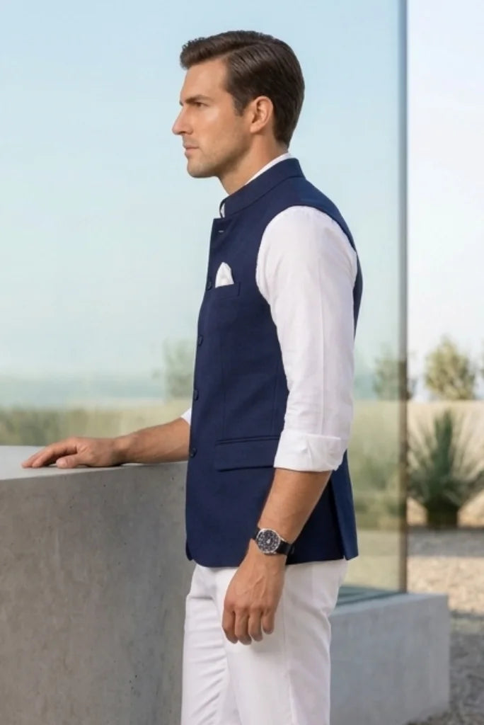 Navy blue Nehru jacket with Mandarin collar side