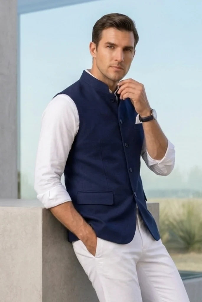 Navy blue Modi jacket for men, sleeveless traditional waistcoat and formal ethnic wear.