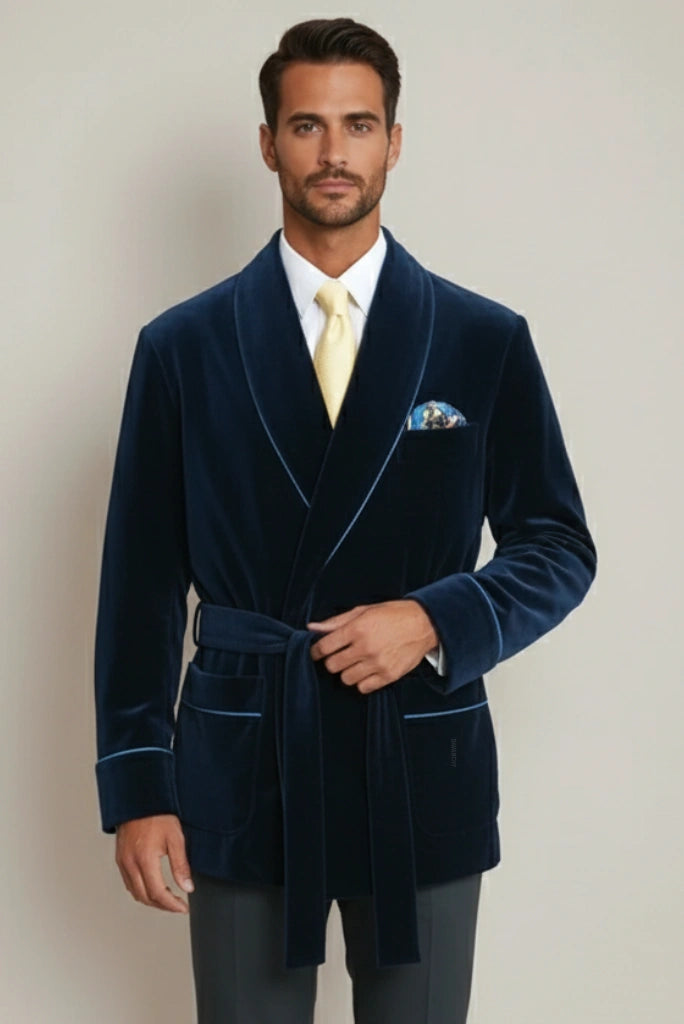 Men Navy Blue Robe Style Smoking Jacket-Front