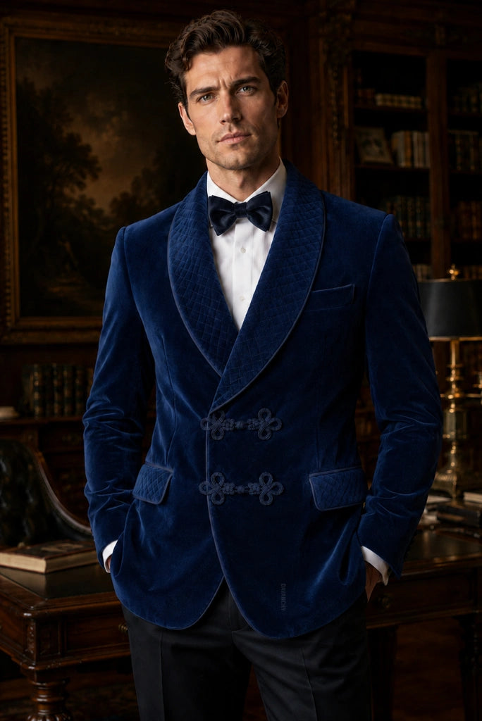 Men Navy Blue Double Breasted Smoking Jacket-Front