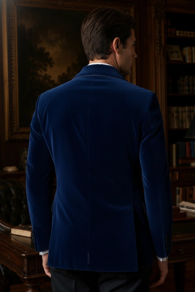 Premium Navy Blue Double Breasted Smoking Jacket for Men-Back
