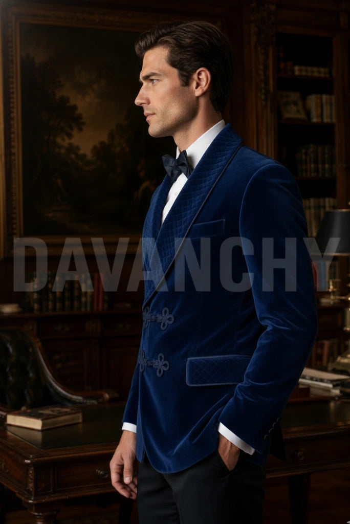 Navy Blue Velvet Party Wear Jacket for Men-Side