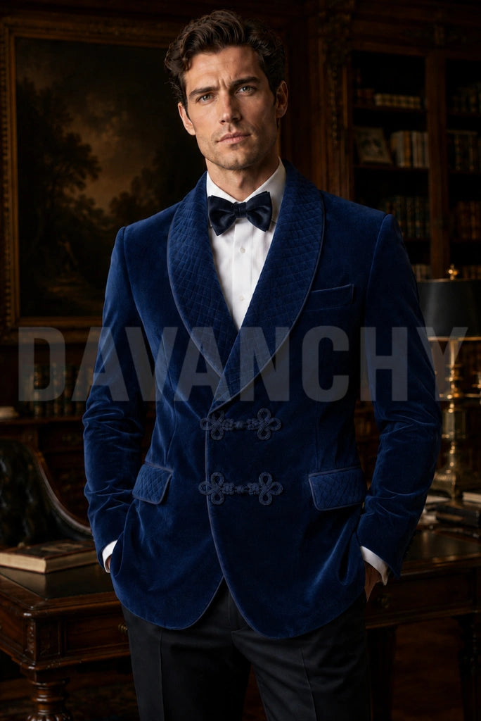 Men Navy Blue Velvet Smoking Jacket Front