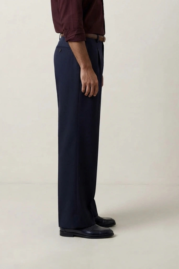 Men Navy Blue Pleated Trouser-Side