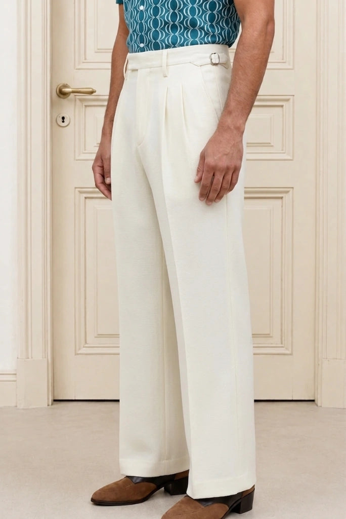 Men Off White Pleated Trouser-Side