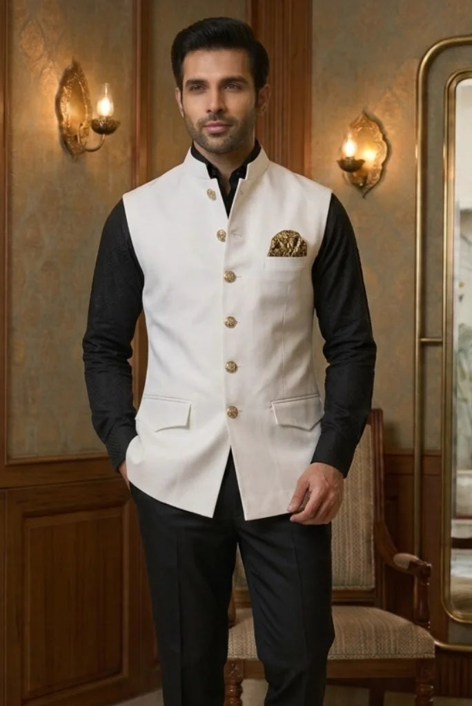 Men Off White Hunter Jacket for Religious Functions Wear – Front