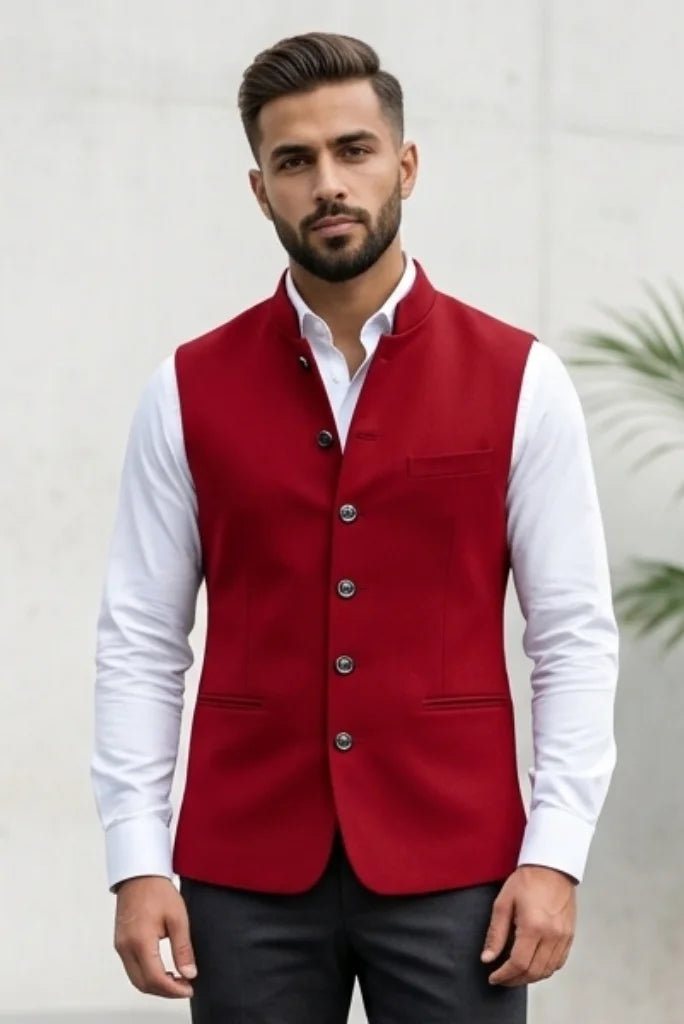 Men red stylish nehru jacket front