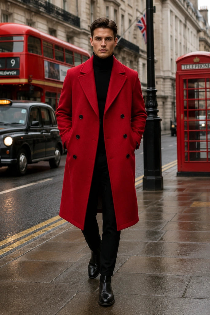 Men Tweed Red Double-Breasted Overcoat-Front  