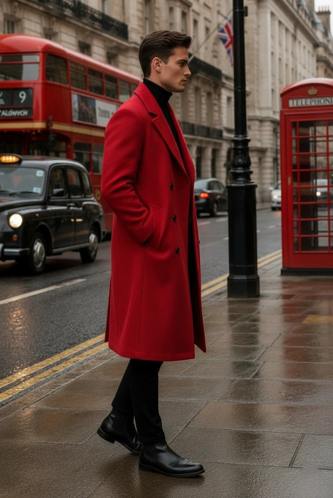 Men Red Tweed Party Wear Long Coat-Side