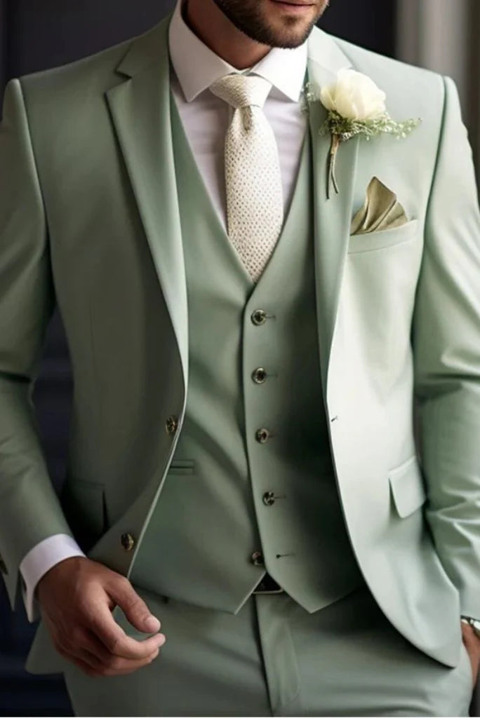 Men’s sage green three-piece suit with blazer, vest, and trousers for formal occasions-front