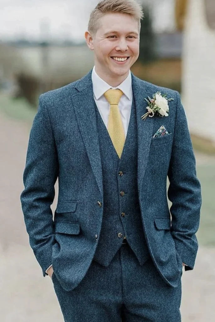 Men Teal Blue Three Piece Tweed Suit-Front