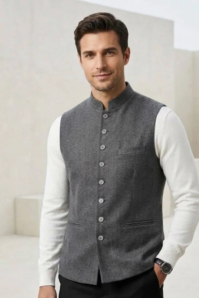 Grey tweed sleeveless Nehru jacket