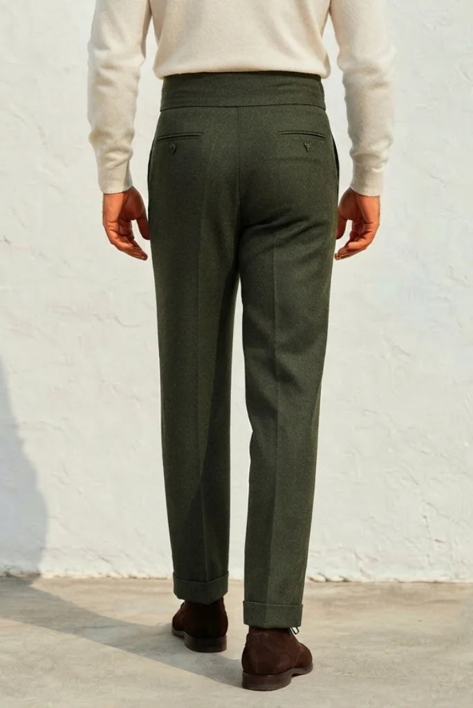 Men's Olive Green Tweed Pleated Cuffed Hem Trouser Back