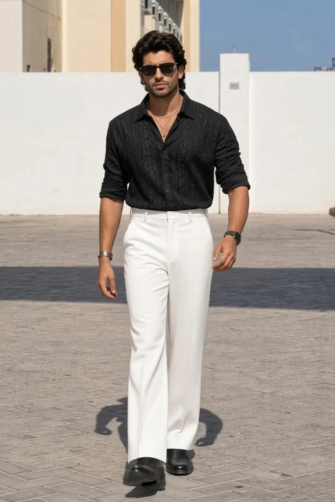 Men White Bootcut High Waist Formal Trouser Front  