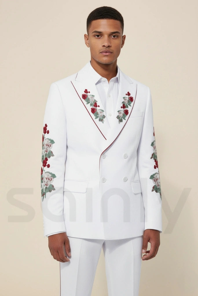 Men’s white embroidered wedding suit-front