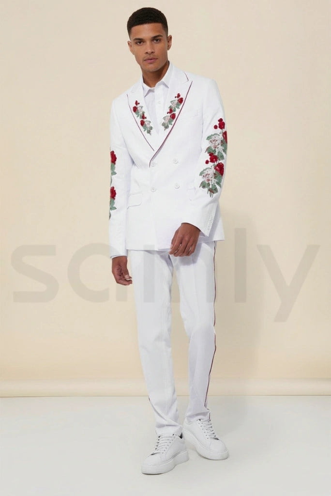 Classic white embroidery suit for festive occasions-front