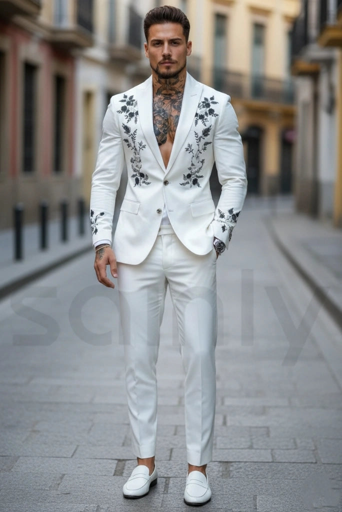 Luxury men’s white embroidery suit for festive occasions-front