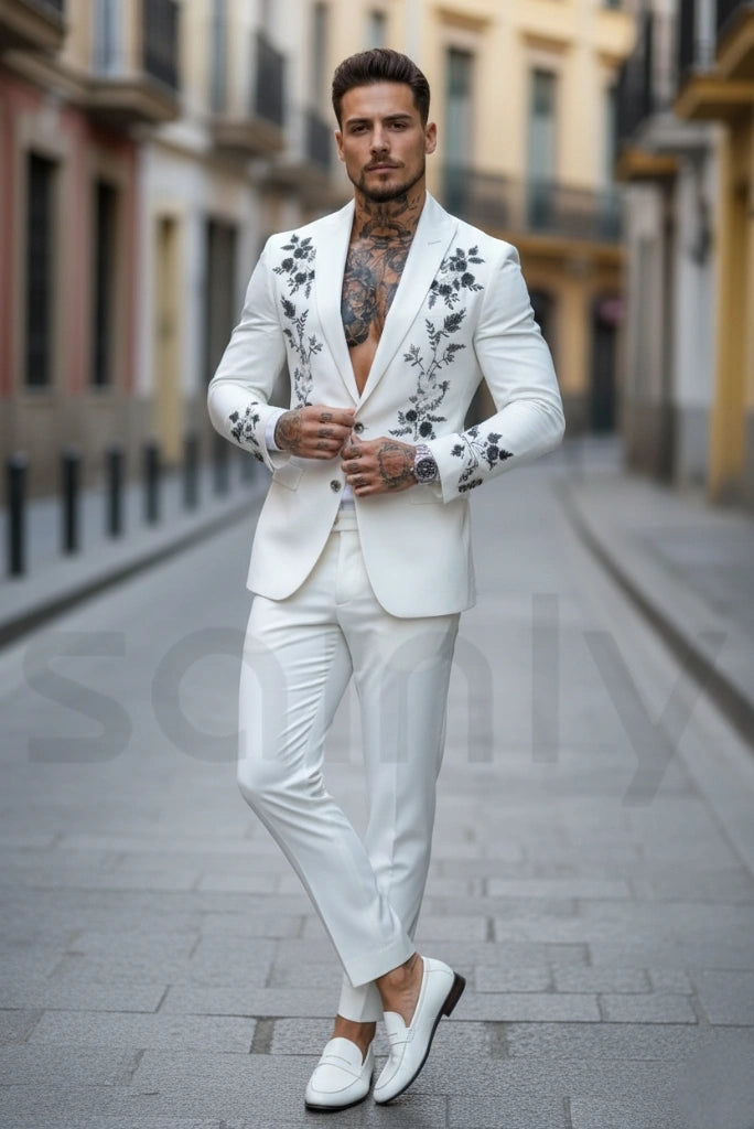 White embroidered groom suit with front and sleeve work-side