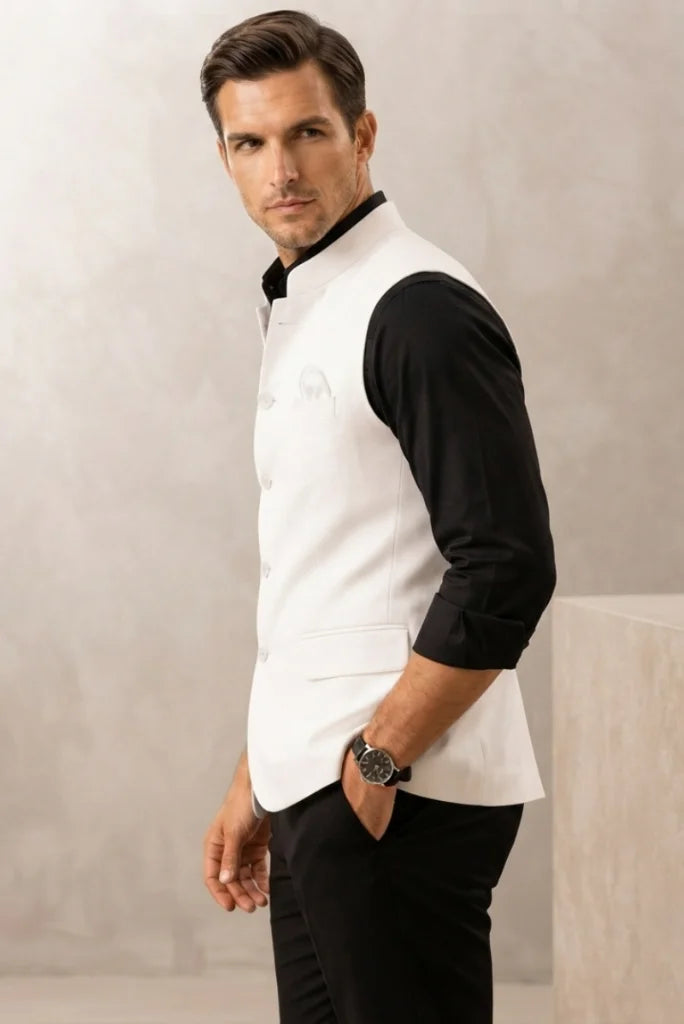White Nehru Jacket For Men Side