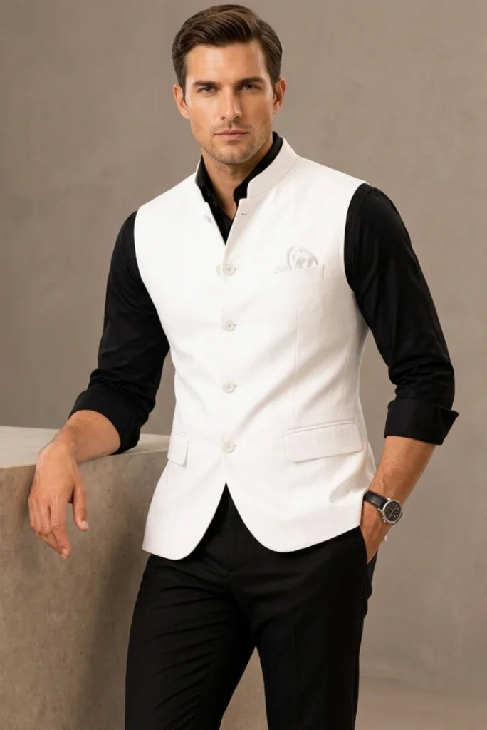Men White Stylish Nehru Jacket Front
