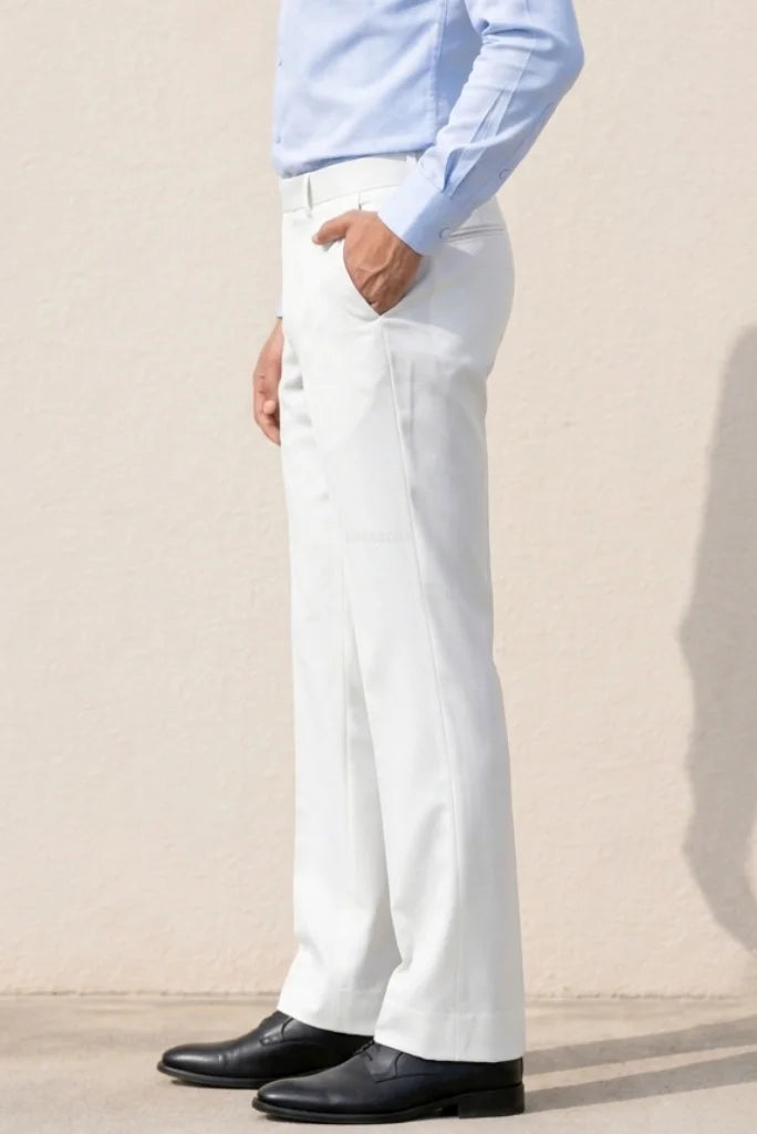 Mens White Retro Style Flat Front Formal Bootcut Trouser Side