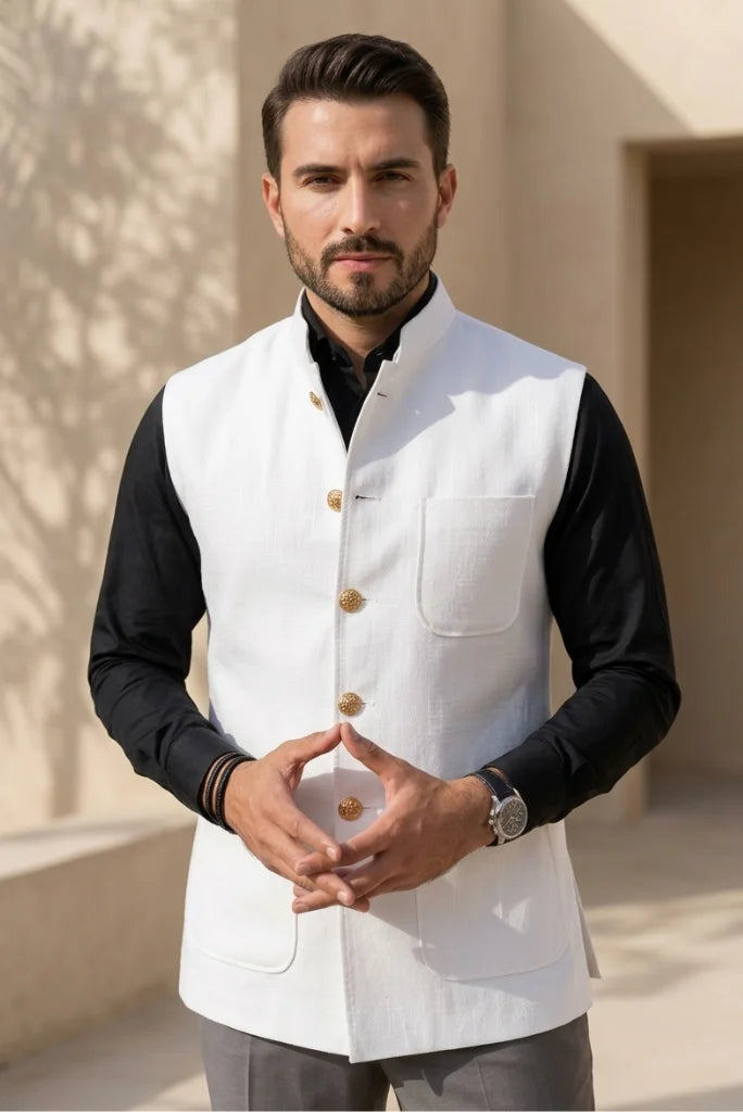 Men white nehru jacket stylish wear