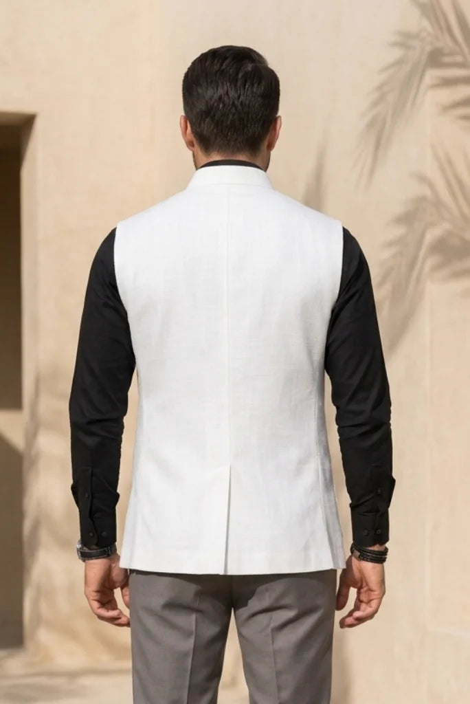 sleeveless white Nehru jacket