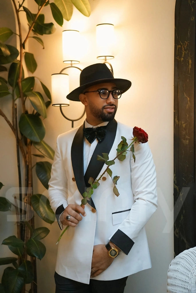 Trendy white black double-breasted suit party-side