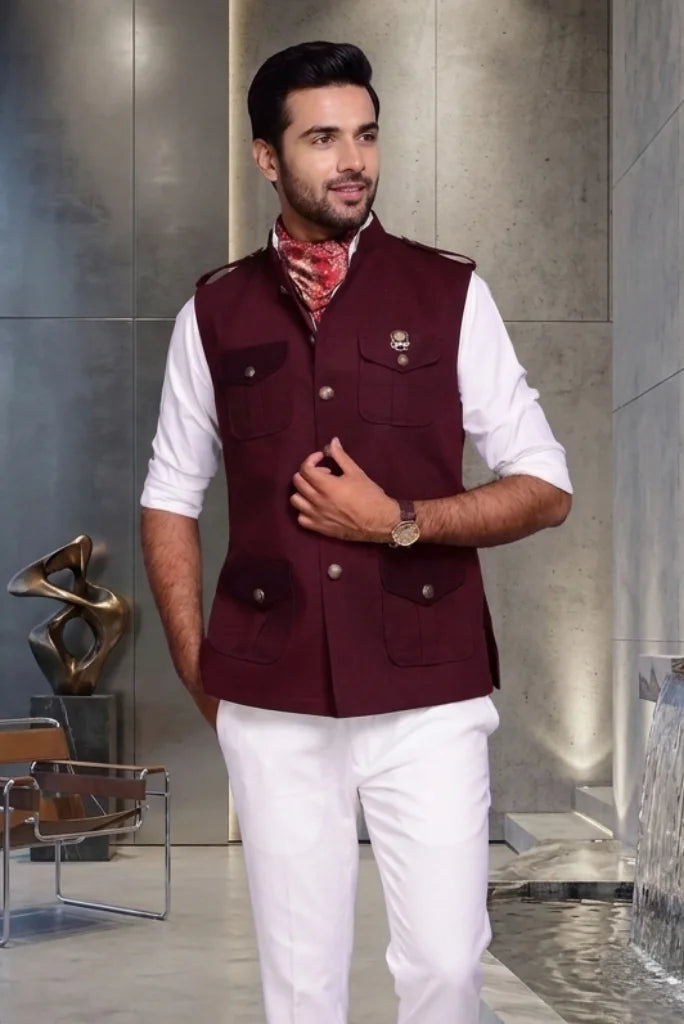 Men Wine Stylish Sleeveless Jacket – Front Different