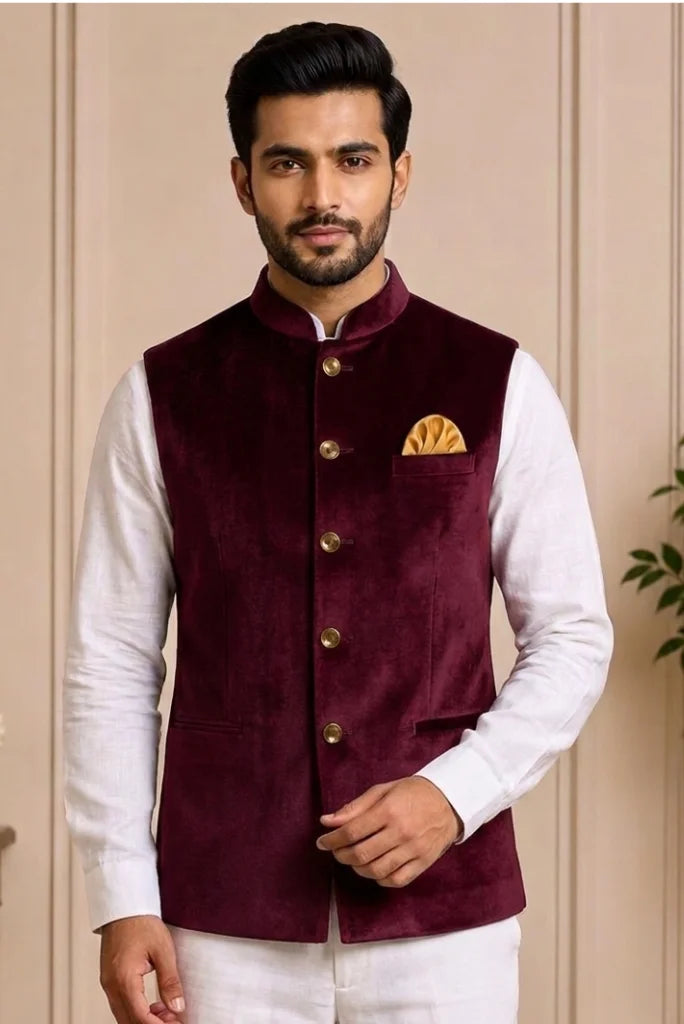Men Wine Nehru Jacket front
