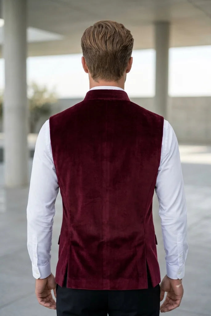 Sleeveless royal wine velvet Nehru jacket for men