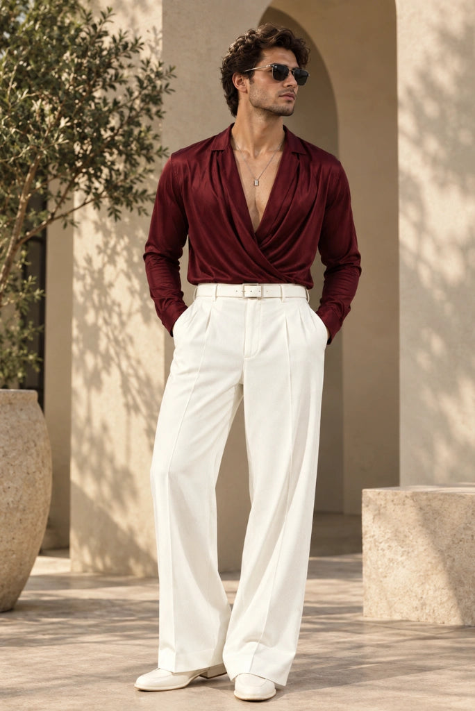Men Off White High Waist Pleated Pant Front