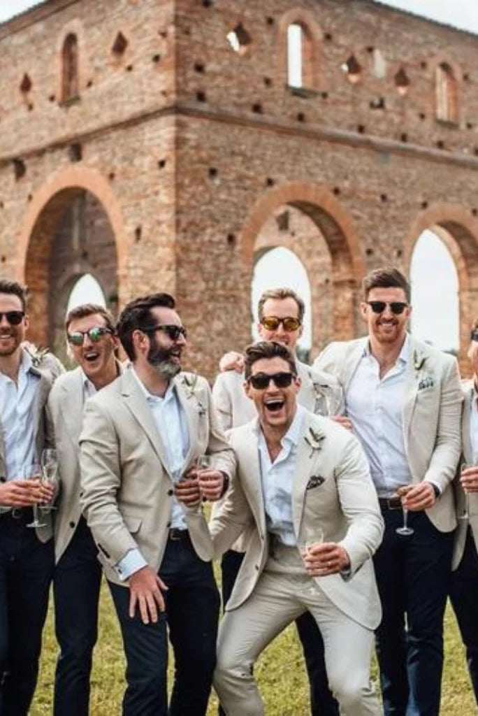 Men beige two piece wedding suit -front