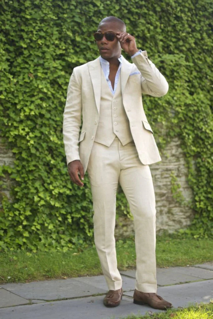 Men beige three piece beach wear-front