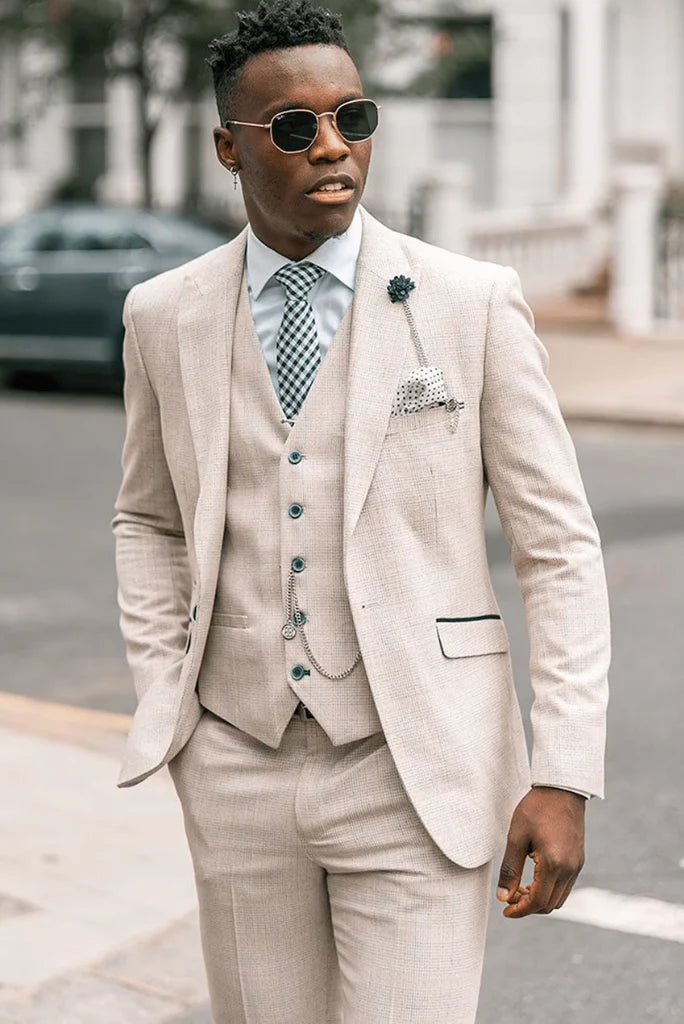 Men beige three piece wedding suit-front