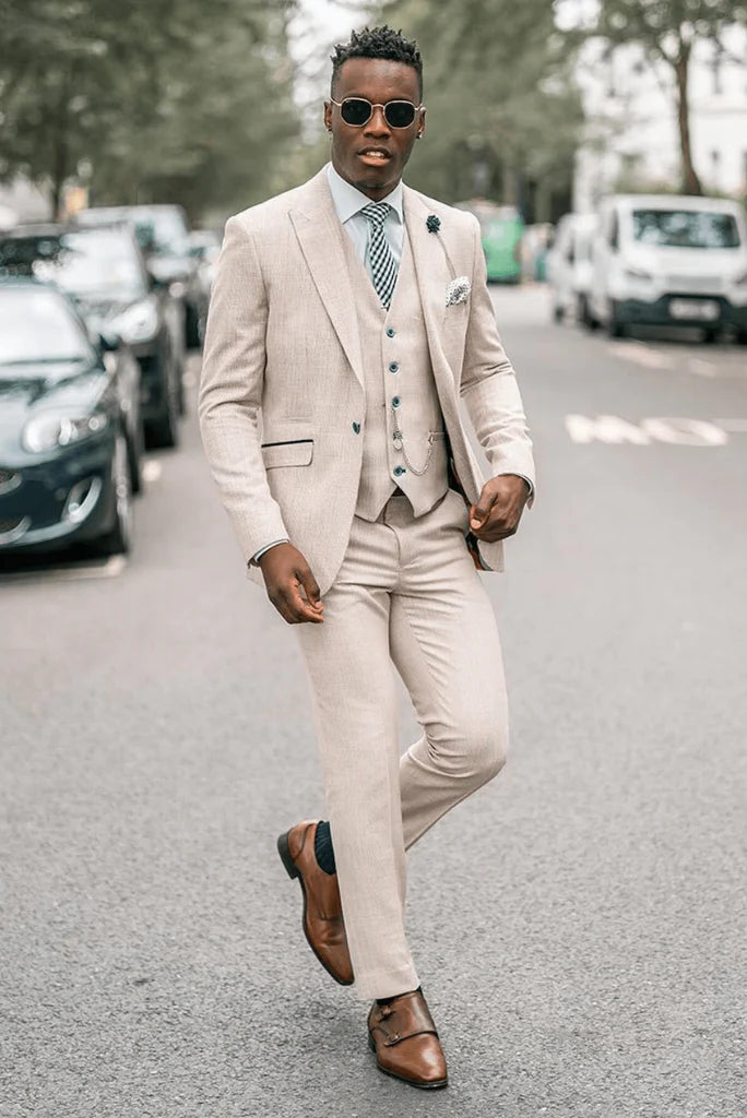 Beige three piece wedding wear suit