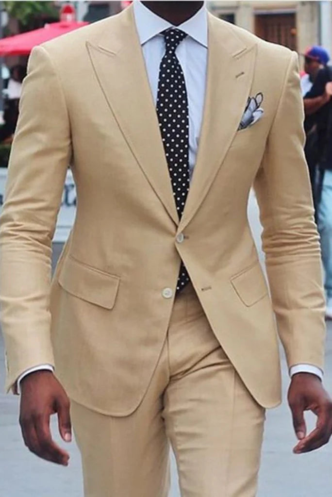 Men beige two button suit-front