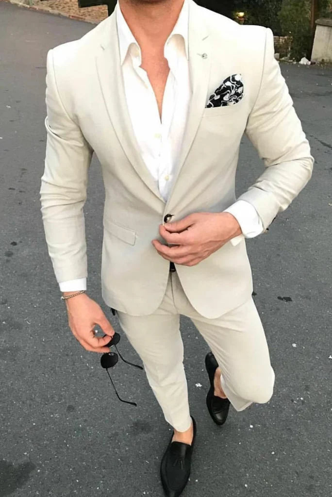 Men beige two piece formal suit-front