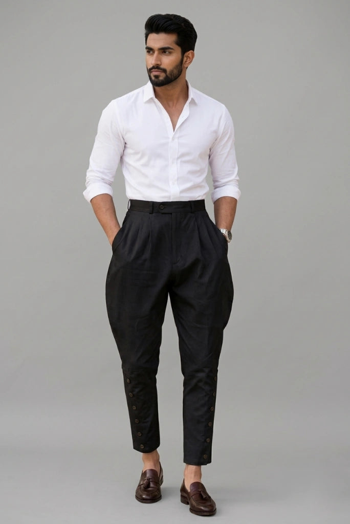 Men black Jodhpuri breeches front view with pleated waist - Davanchy
