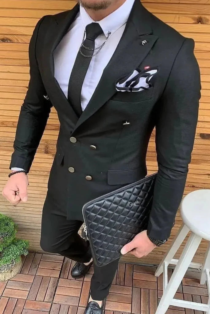 Men black six button suit-front