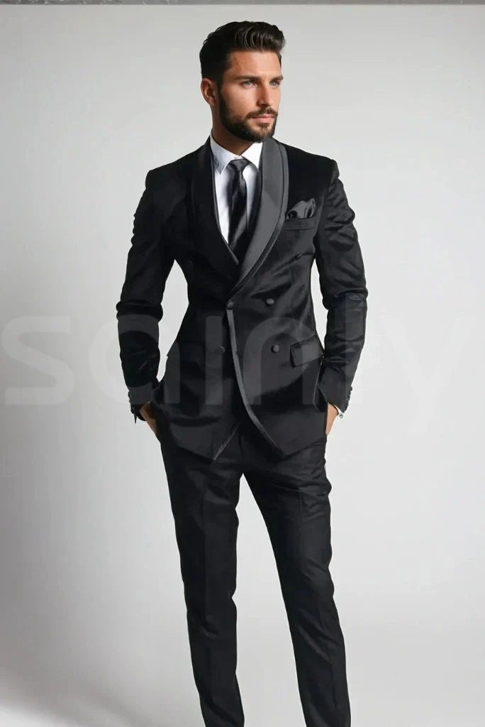 Men black double breasted blazer-full front