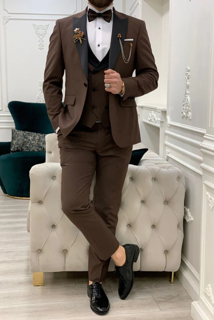 Men brown three piece tuxedo-front