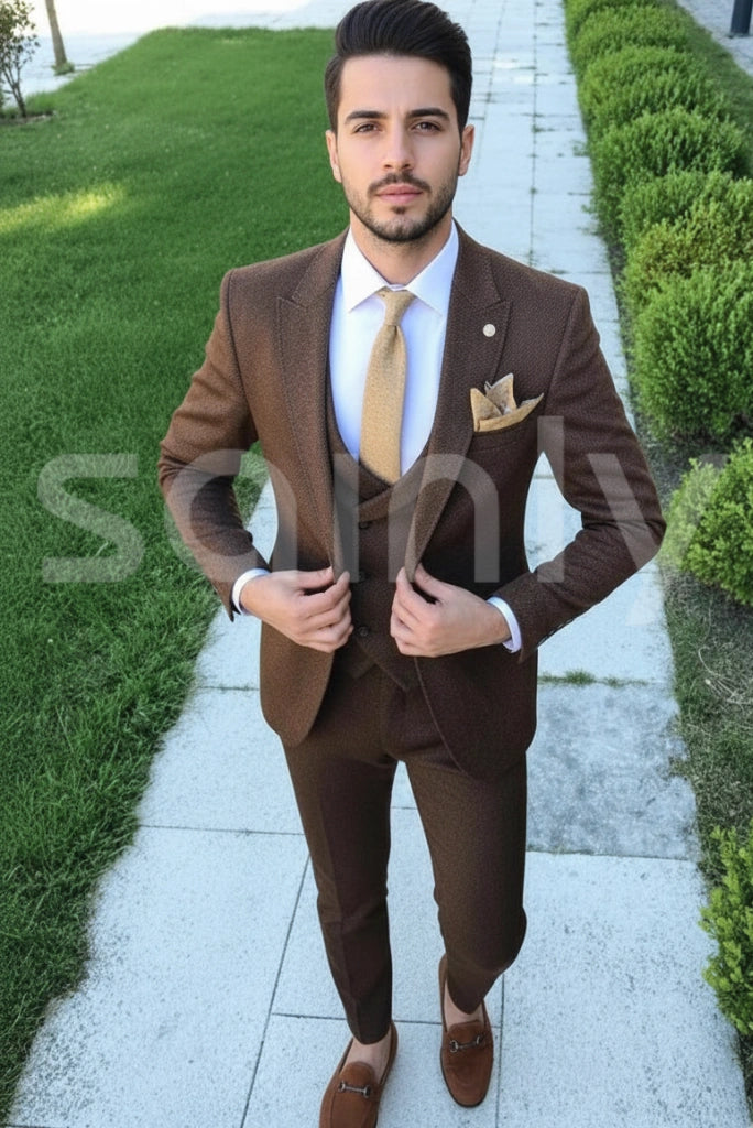 Men’s brown 3 piece suit stylish formal occasion wear