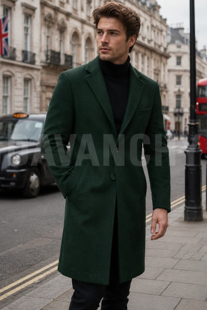 Men Emerald Green Trench Long Coat-Front