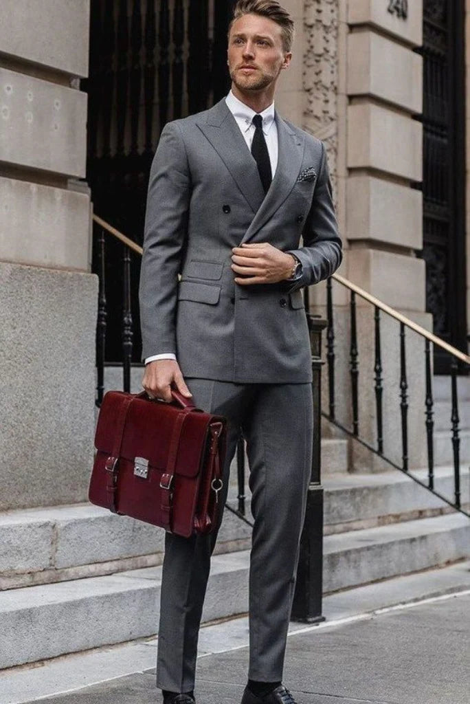 Men grey two piece suit double breasted suit-front