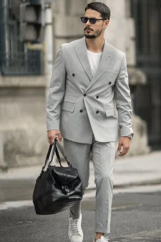 Men grey two piece double breasted suit-front